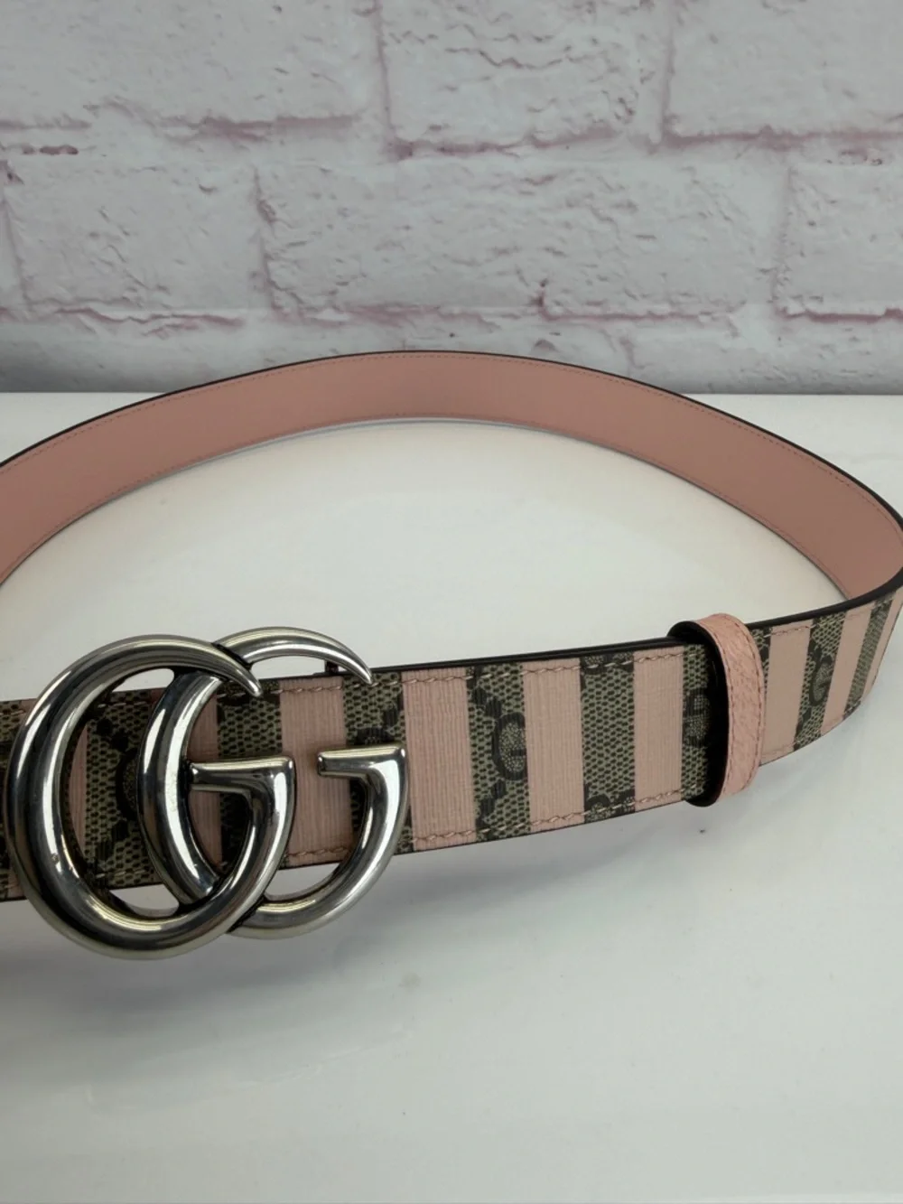 Gucci Pink Striped GG Logo Buckle Belt Marmont 625839 85/34